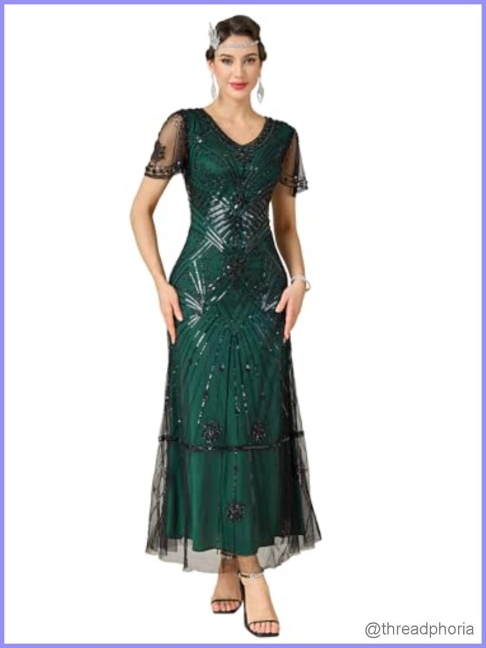 Flapper Dress 1920s V-Neck Sequin Beaded Maxi Evening Gown